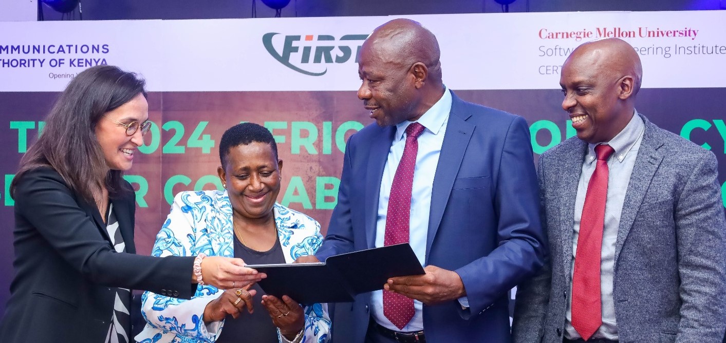 Prof. Edward Kisiang'ani, Principal Secretary, State Department for Broadcasting and Telecommunications accompanied by CA Board Chairperson Ms. Mary Mungai, CA Director General Mr. David Mugonyi (right) and Ms. Joanna LaHaie – Director, Bureau of Cyberspace and Digital Policy, U.S. Department of State, during the Africa Regional Cyber Sector Collaboration Symposium in Nairobi. 