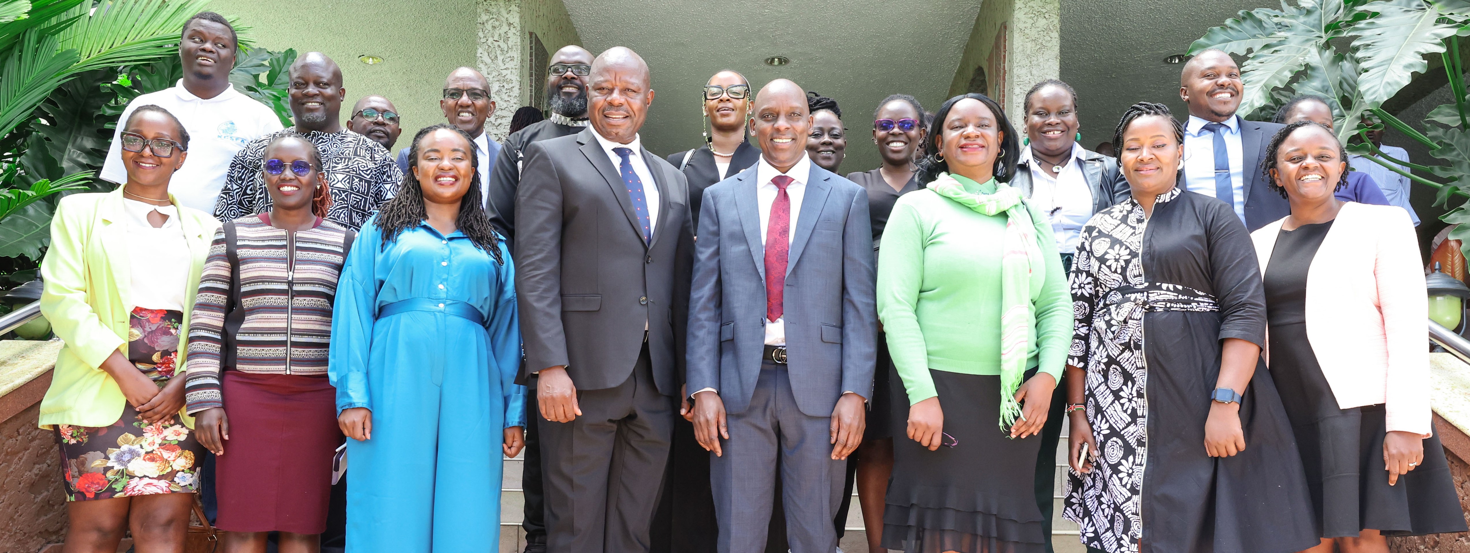 Prof. Edward Kisiang'ani, Principal Secretary, State Department for Broadcasting and Telecommunications (fourth left) and the CA Director General Mr. David Mugonyi (fourth right) with other participants during the Safer Internet Day event in Nairobi.