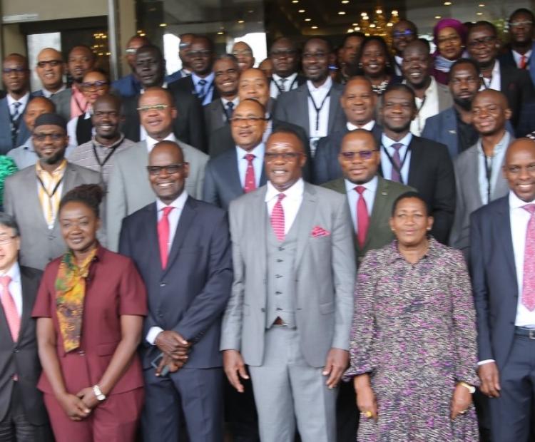   The Cabinet Secretary for Information, Communications and the Digital Economy Mr. Eliud Owalo, (centre), flanked by participants at the 2nd ATU Preparatory Meeting for the 2024 World Telecommunication Standardization Assembly (WTSA-24) in Nairobi. 